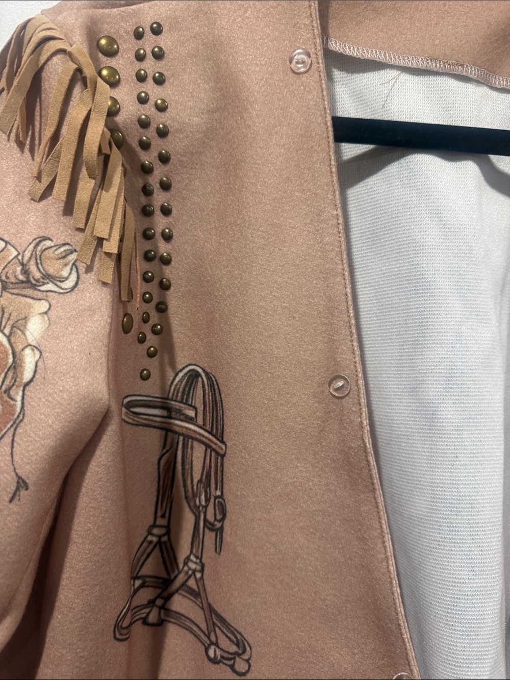 Western Fringe Studded Cowboy Ranch Print Jacket Coat Tan Boho Y2K - Picture 7 of 7
